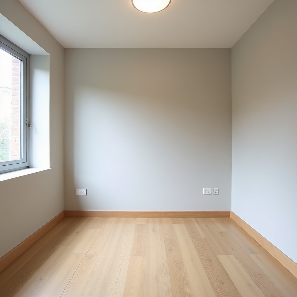 Dormitor renovat cu parchet laminat nou și pereți proaspăt zugrăviți