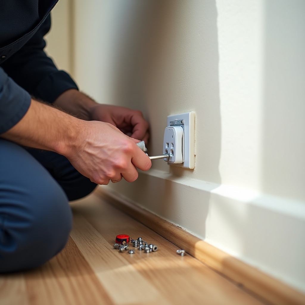 Electrician înlocuind o priză veche cu una nouă