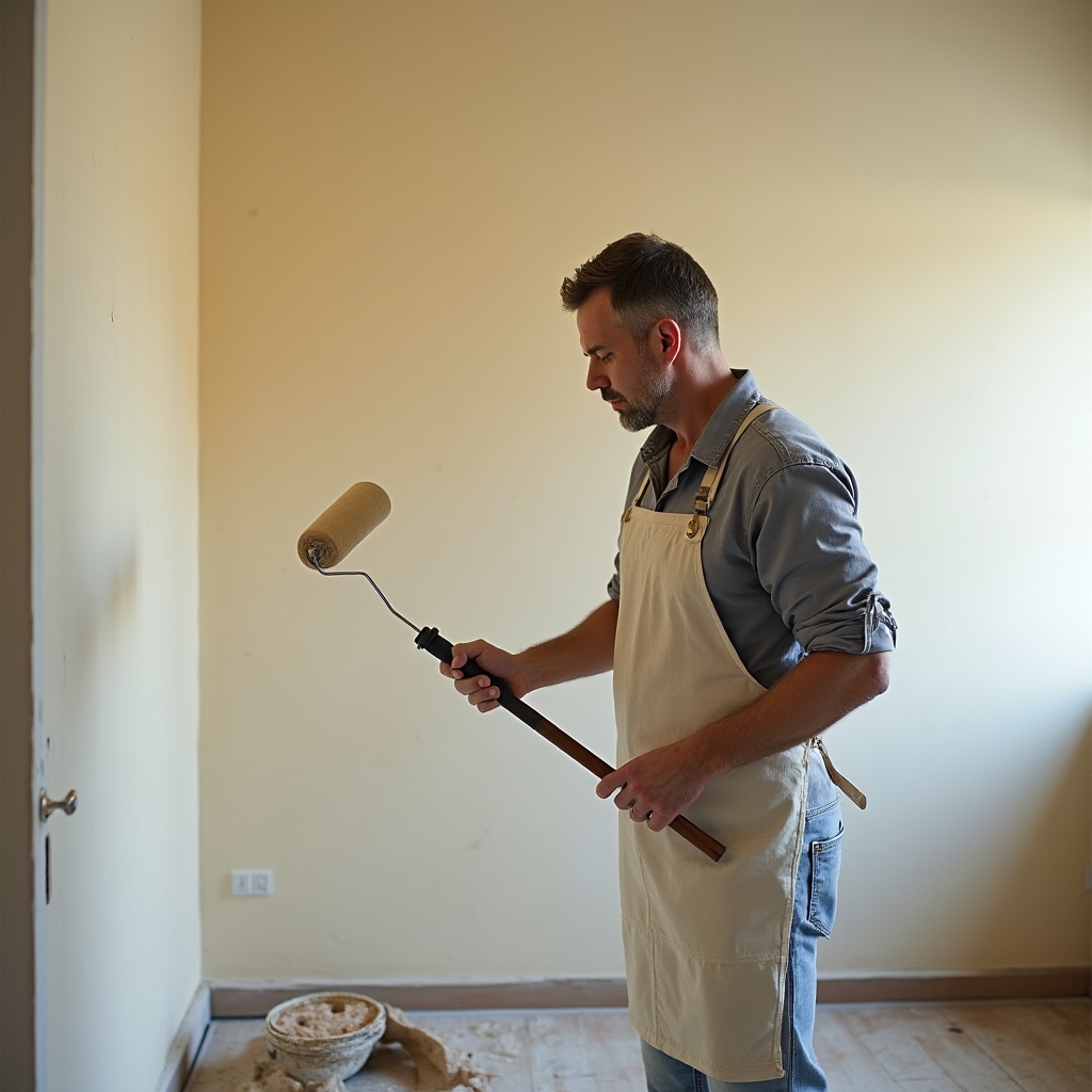 Muncitor zugrăvind un perete de cameră în trei zile